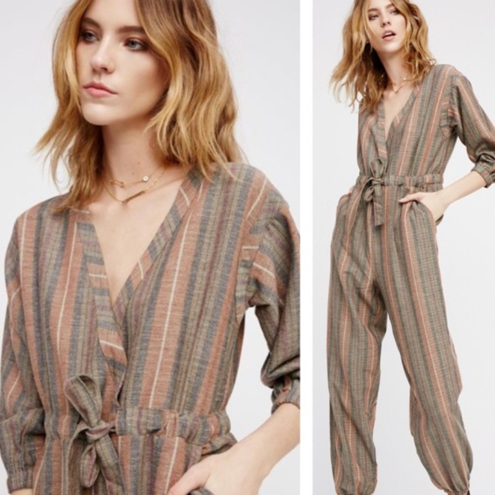 Free People Striped V-Neck Jumpsuit in Taupe & Olive